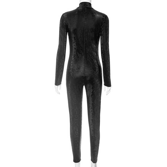 Snakeskin Zipper Long Sleeve Skinny Jumpsuit