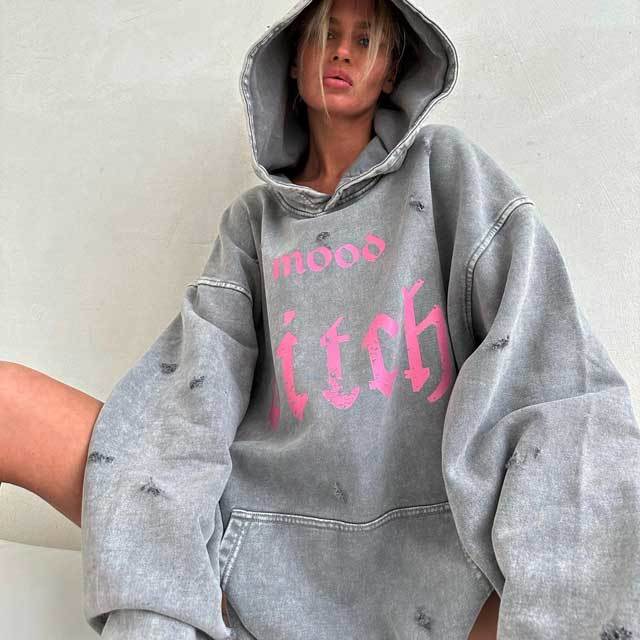 Distressed Washed Letter Print Hooded Sweatshirt