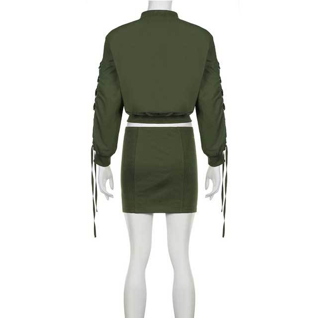 Lace-Up Zipper Jacket Cargo Skirt Set