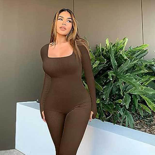 Solid Color Long Sleeve Ribbed Bodycon Jumpsuit
