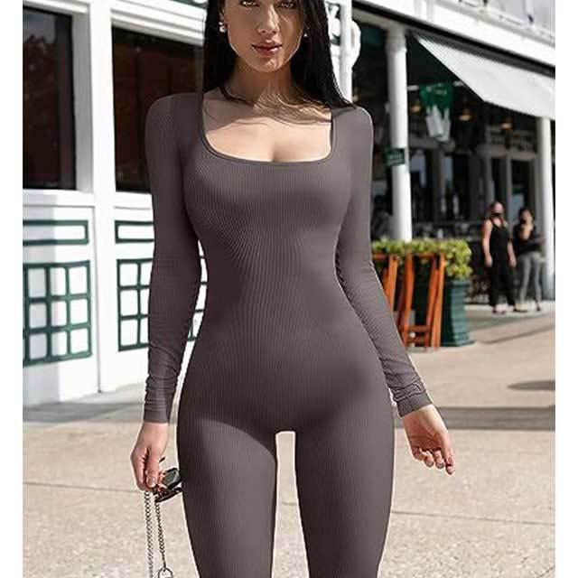 Solid Color Long Sleeve Ribbed Bodycon Jumpsuit
