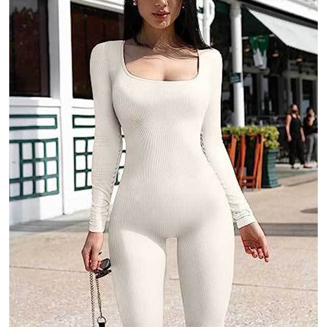 Solid Color Long Sleeve Ribbed Bodycon Jumpsuit
