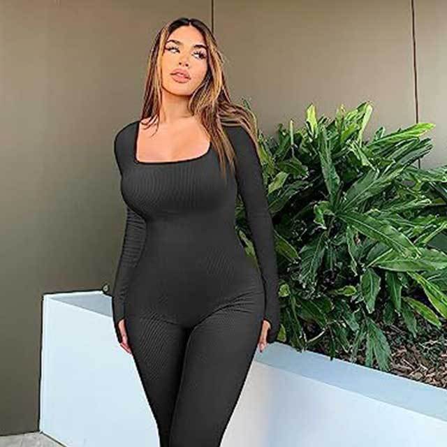 Solid Color Long Sleeve Ribbed Bodycon Jumpsuit