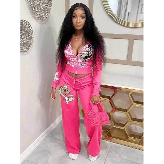 Trendy Printed Two Pieces Hooded Sweatsuit Set