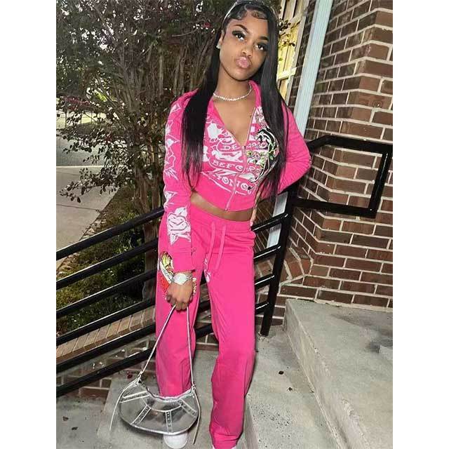 Trendy Printed Two Pieces Hooded Sweatsuit Set