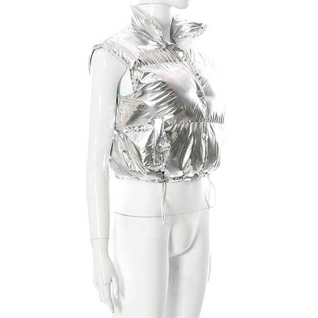 Glossy Stand-collar High-waisted Puffer Jacket