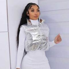 Glossy Stand-collar High-waisted Puffer Jacket