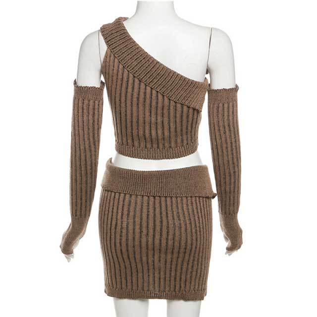 Knit Single Shoulder Top Skirt Set