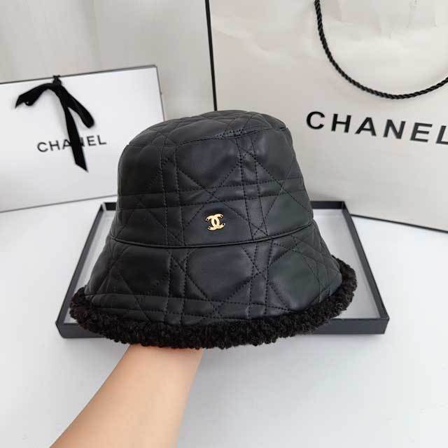Metal Logo Furry Leather Bucket Hat