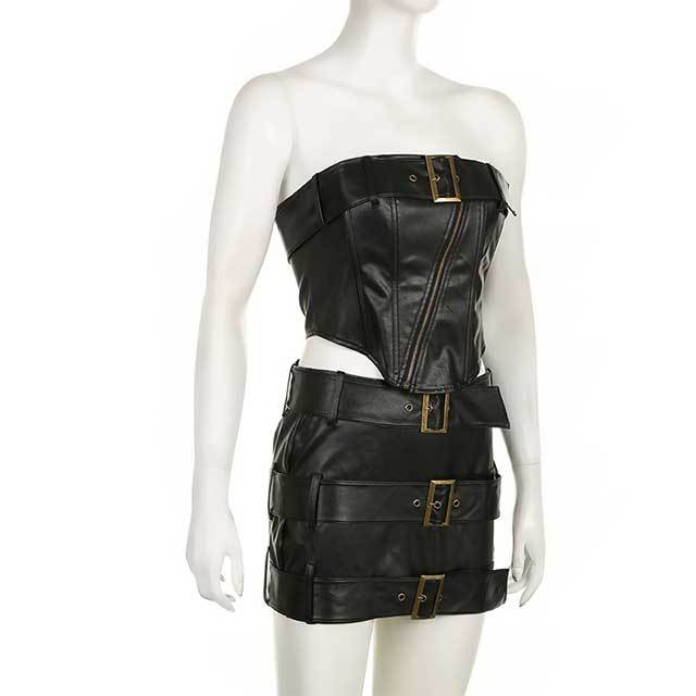 Punk Metal Belt Zip Wrap Chest Skirt Suit