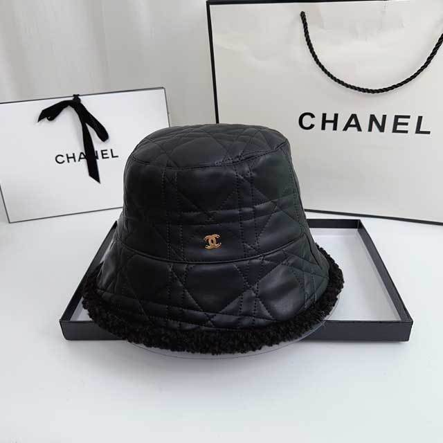 Metal Logo Furry Leather Bucket Hat