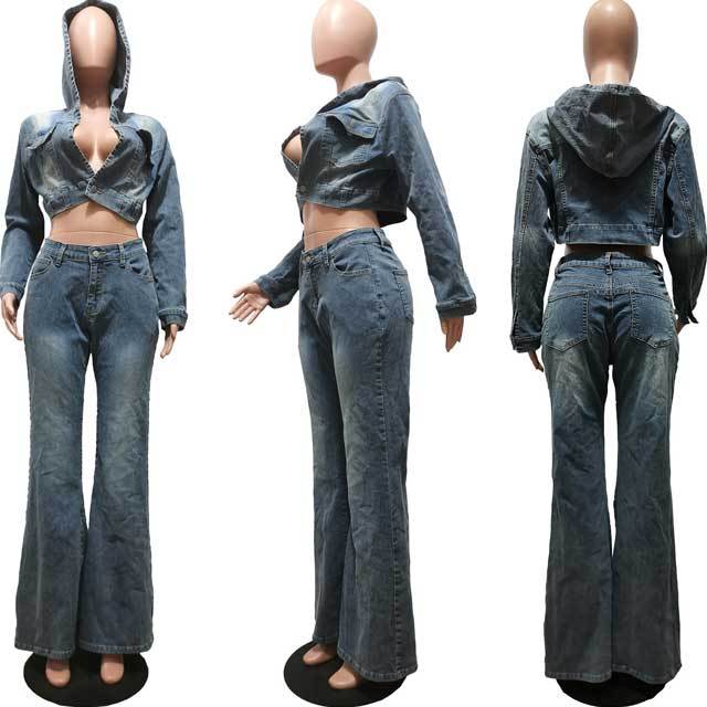 Denim Hooded Top Bell Jeans Set