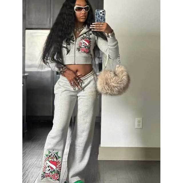 Printed Jacket Top Casual Jogging Pants Suit