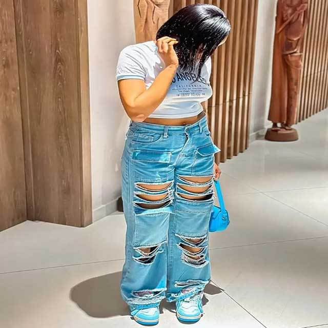 High Waist Destroyed Ripped Boyfriend Jeans