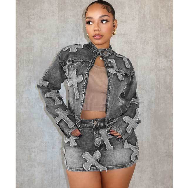 Embroidery Denim Jacket Top Skirt Set