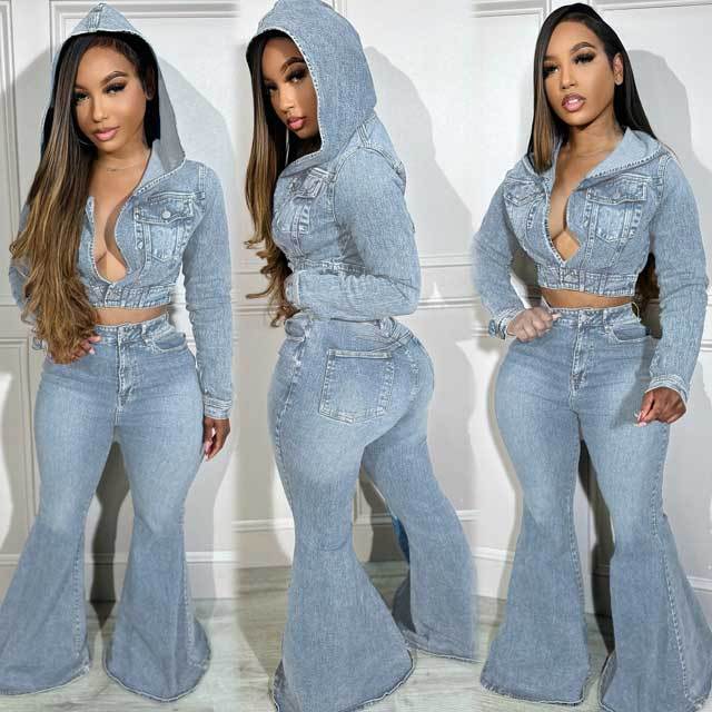 Denim Hooded Top Bell Jeans Set