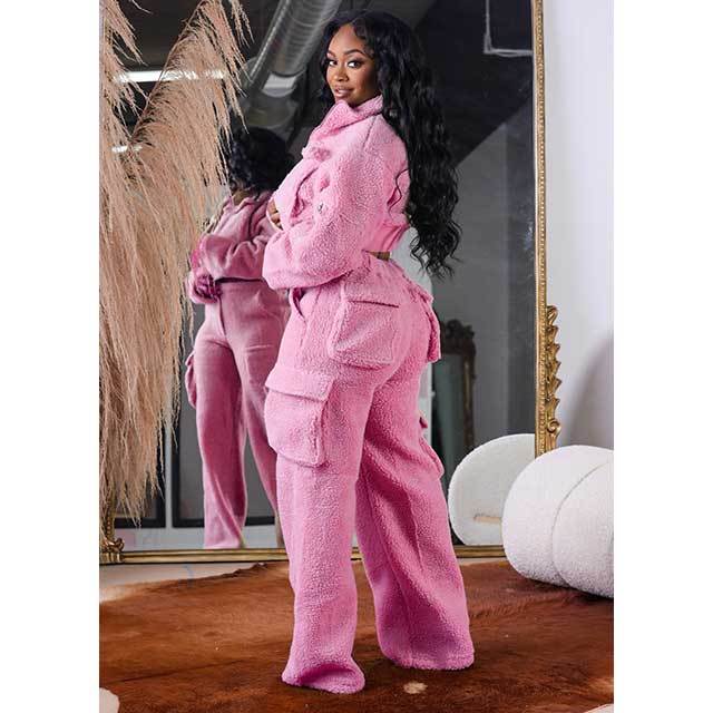 Furry Pockets Design Two Pieces Pant Suit