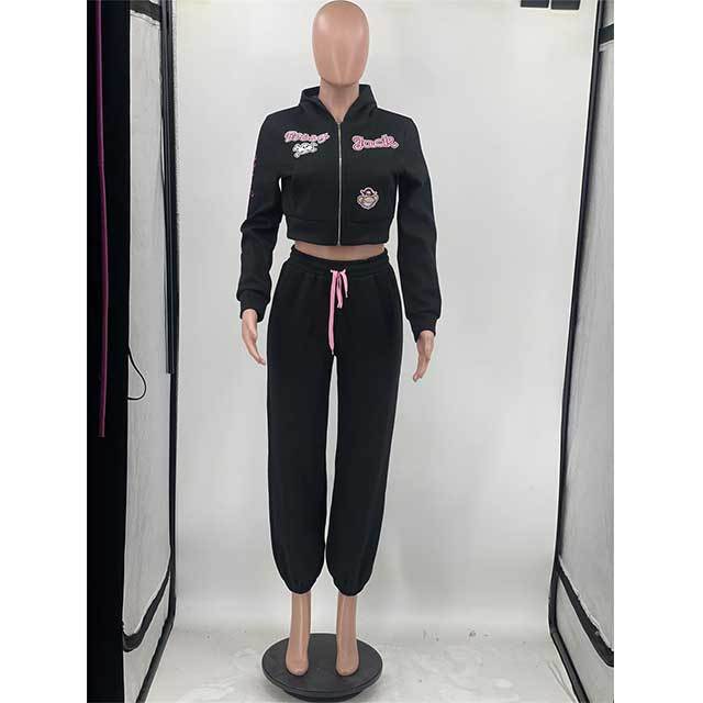 Casual Style Embroidery Two Piece Sweatsuit Set