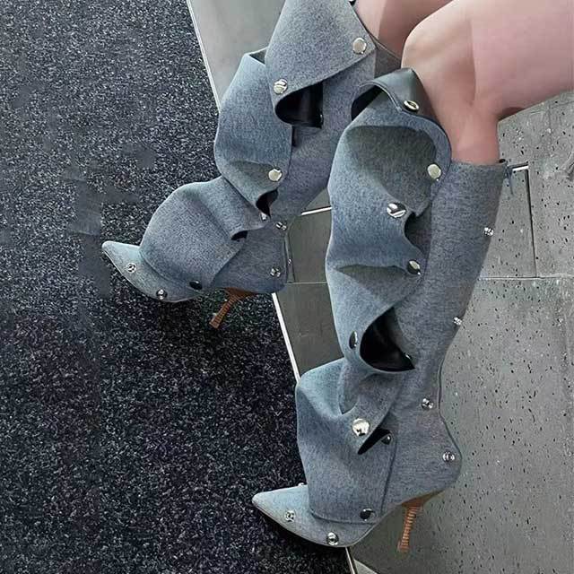 Rivets High Heeled Denim Stacked Boots