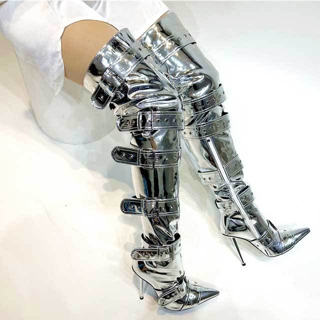 Buckle Strap Rivets Over Knee Boots