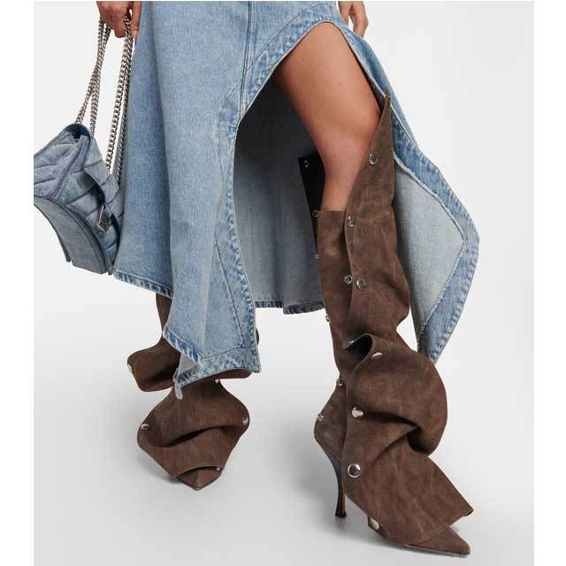 Rivets High Heeled Denim Stacked Boots