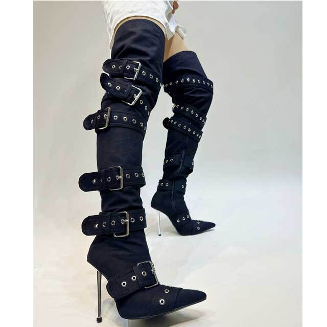Buckle Strap Rivets Over Knee Boots