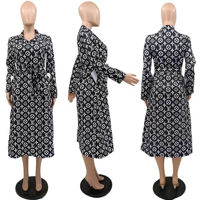 Printed Belted Long Woolen Coat