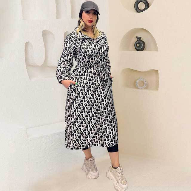 Printed Belted Long Woolen Coat