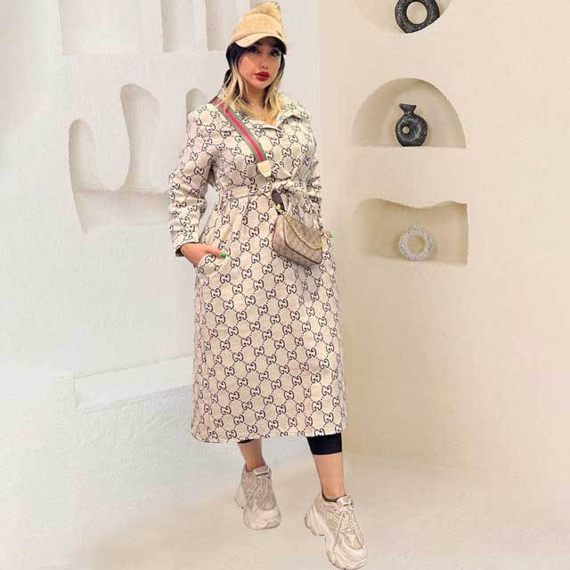 Printed Belted Long Woolen Coat