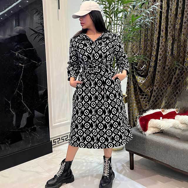 Printed Belted Long Woolen Coat