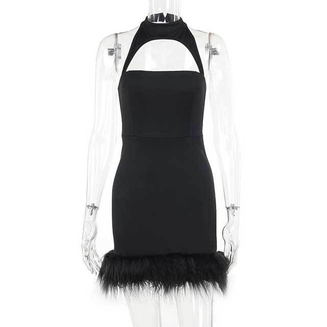 Hollow Out Choker Furry Dress