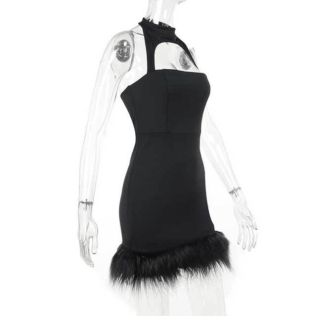 Hollow Out Choker Furry Dress