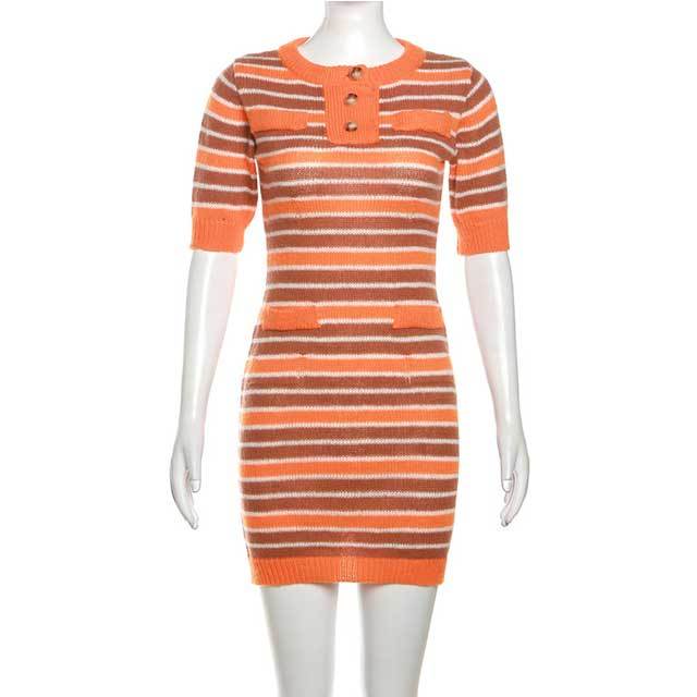 Knit Striped Short Sleeve Bodycon Dress