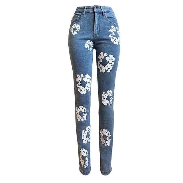 Floral Print High Waist Elastic Skinny Jeans