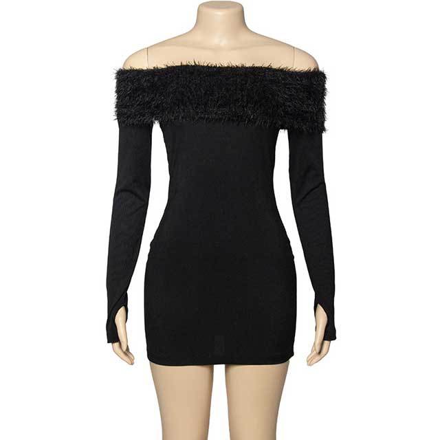 Off Shoulder Furry Ribbed Bodycon Dress