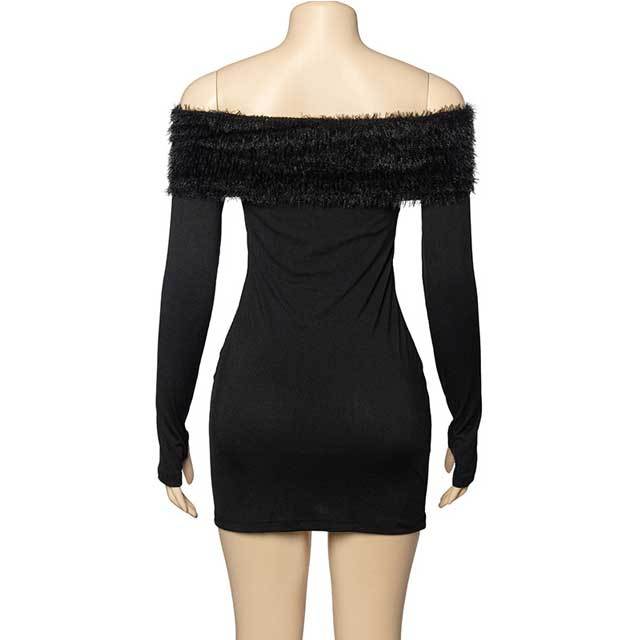 Off Shoulder Furry Ribbed Bodycon Dress