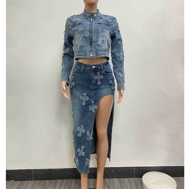 Denim Embroidery Slit Skirt Set