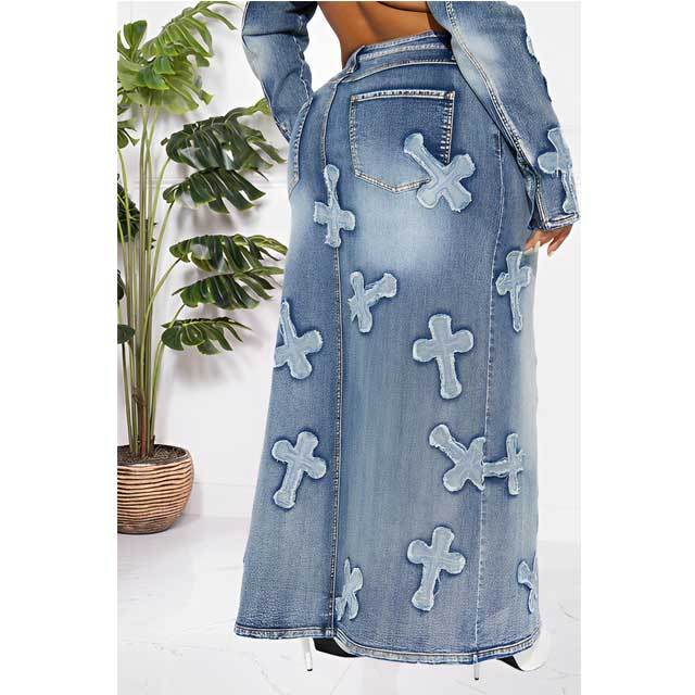 Denim Embroidery Slit Skirt Set