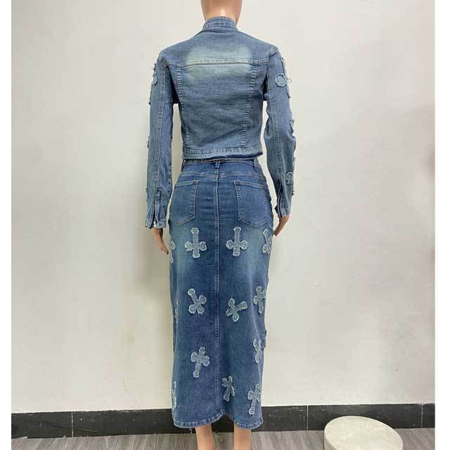 Denim Embroidery Slit Skirt Set