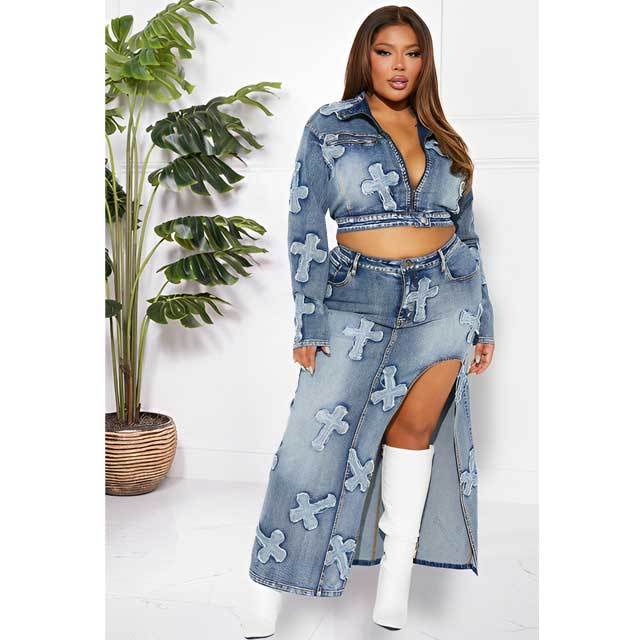 Denim Embroidery Slit Skirt Set