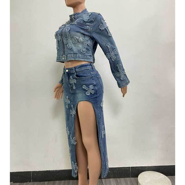 Denim Embroidery Slit Skirt Set