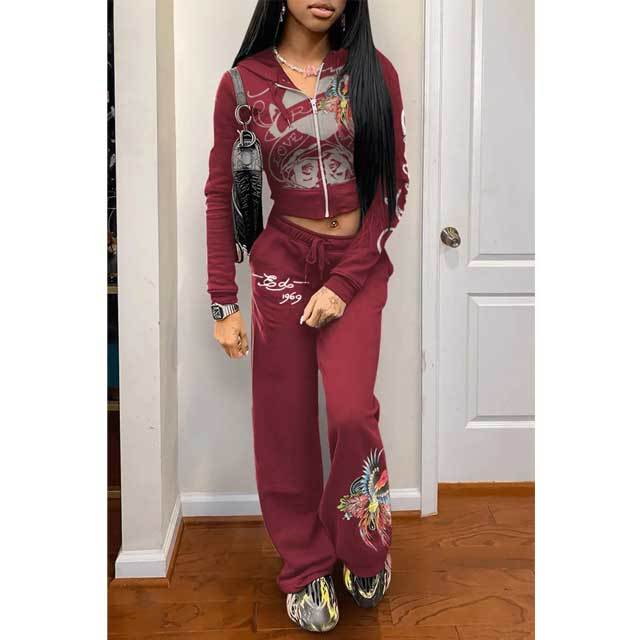 Printed Zipper Jacket Top Casual Jogging Suit