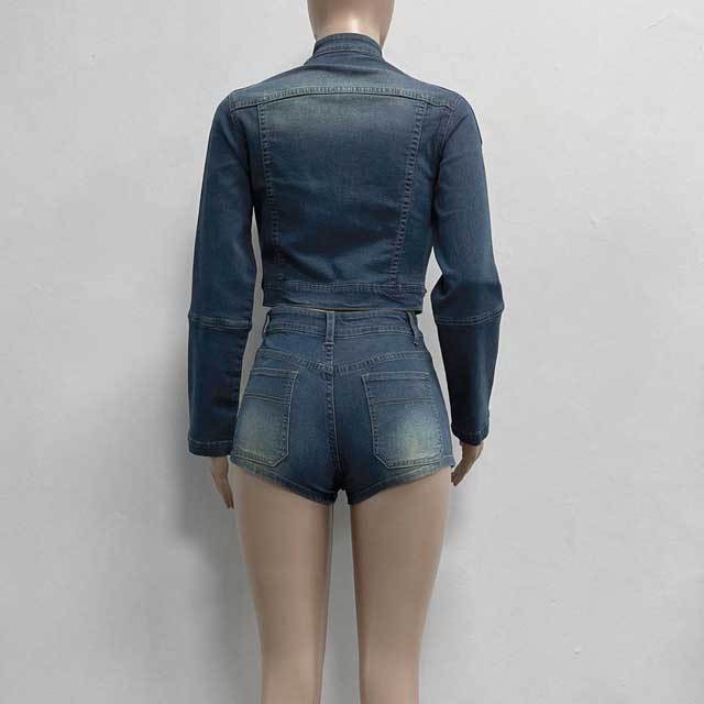 Denim Zipper Jacket Top Jeans Short Set