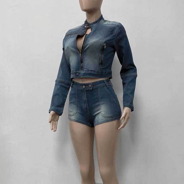 Denim Zipper Jacket Top Jeans Short Set