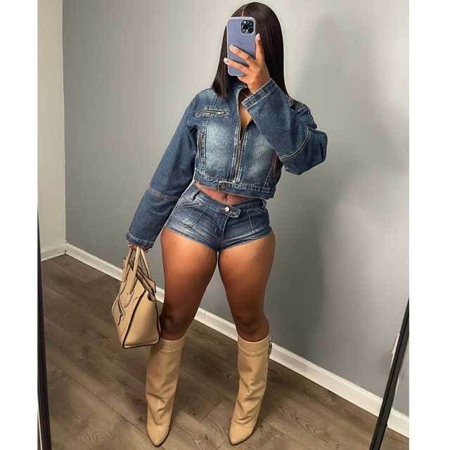 Denim Zipper Jacket Top Jeans Short Set