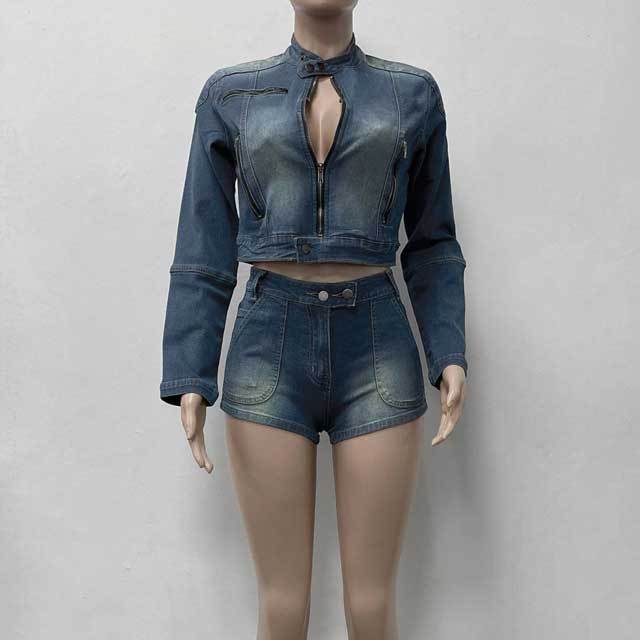 Denim Zipper Jacket Top Jeans Short Set