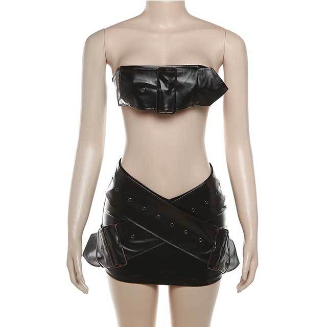 Leather Tube Top Cargo Skirt Set