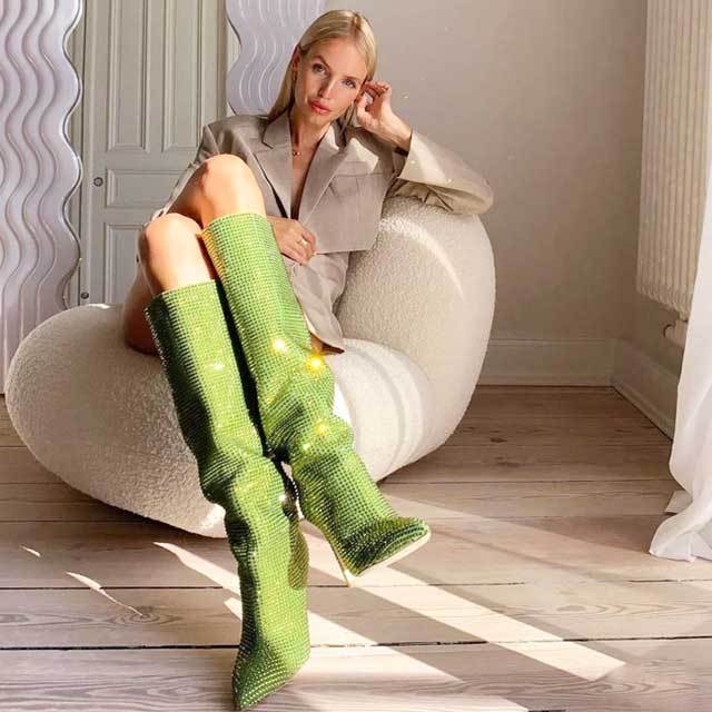 Pointed Toe High Heeled Rhinestones Boots