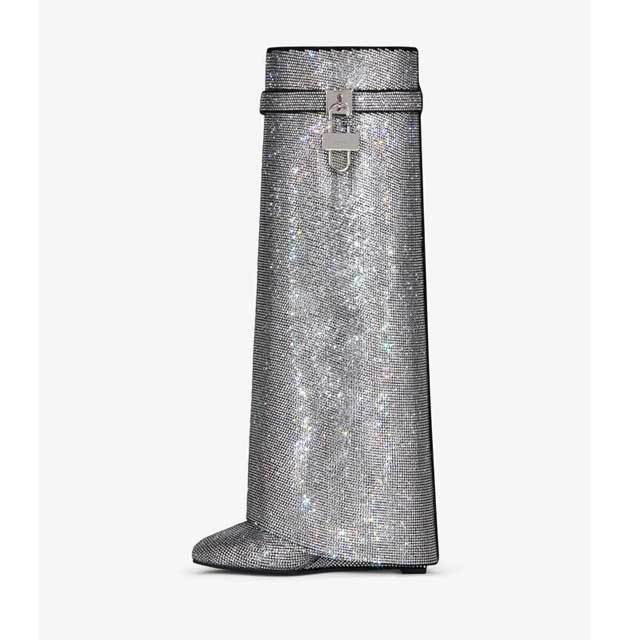 Shark Lock Rhinestones Long Boots