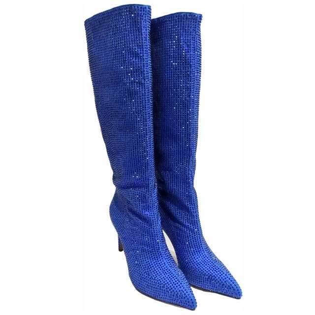 Pointed Toe High Heeled Rhinestones Boots